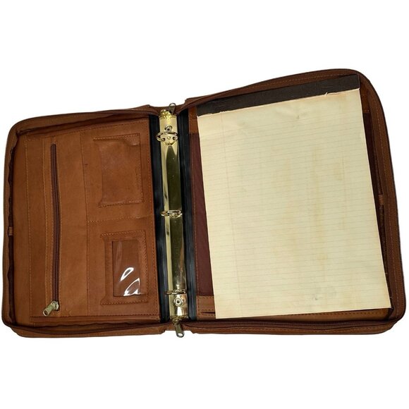 Vintage Leather Portfolio Organizer Binder with Zipper 3-Ring Padfolio Brown 13” - Picture 3 of 9
